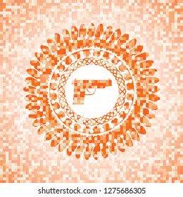 pistol icon inside abstract emblem, orange mosaic background