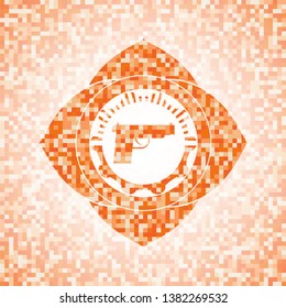 pistol icon inside abstract emblem, orange mosaic background