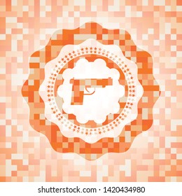 pistol icon inside abstract emblem, orange mosaic background