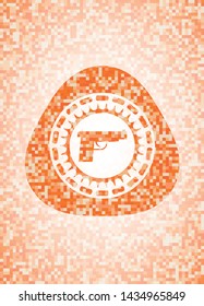 pistol icon inside abstract emblem, orange mosaic background