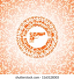 pistol icon inside abstract orange mosaic emblem