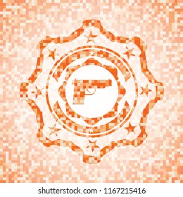pistol icon inside abstract orange mosaic emblem with background