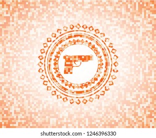 pistol icon inside abstract orange mosaic emblem
