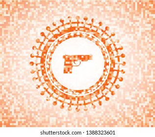 pistol icon inside abstract orange mosaic emblem