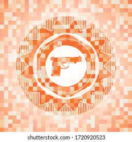 pistol icon inside abstract orange mosaic emblem with background. 