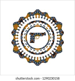 pistol icon inside arabesque badge. arabic decoration.