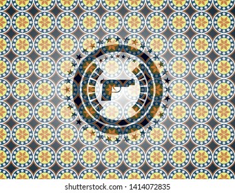 pistol icon inside arabesque badge background. arabic decoration.