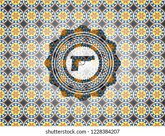 pistol icon inside arabesque emblem. arabic decoration.