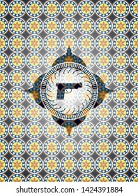 pistol icon inside arabesque emblem background. arabic decoration.