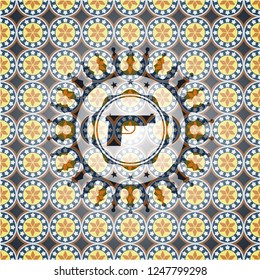 pistol icon inside arabesque style badge. arabic decoration.