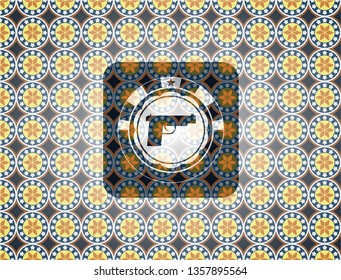 pistol icon inside arabesque style badge. arabic decoration.