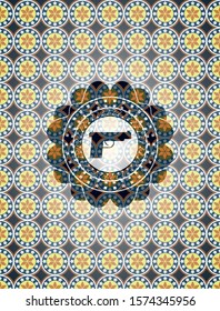 pistol icon inside arabesque style emblem. arabic decoration.
