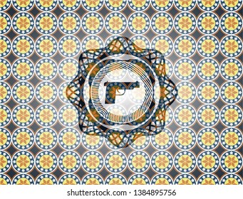 pistol icon inside arabic badge. Arabesque decoration.