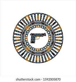 pistol icon inside arabic badge background. Arabesque decoration.