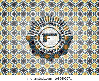pistol icon inside arabic badge. Arabesque decoration.