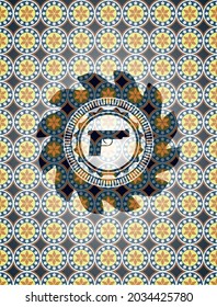 pistol icon inside arabic badge. Arabesque decoration. 
