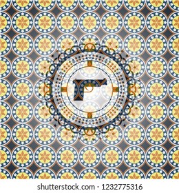 pistol icon inside arabic emblem background. Arabesque decoration.