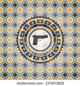 pistol icon inside arabic emblem background. Arabesque decoration.