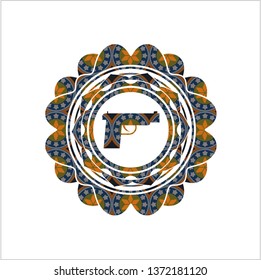 pistol icon inside arabic style emblem. Arabesque decoration.