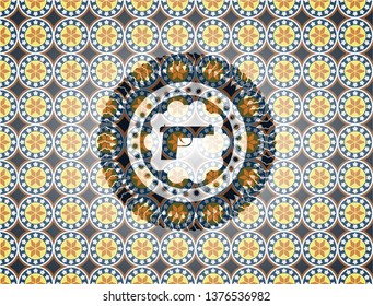 pistol icon inside arabic style emblem. Arabesque decoration.