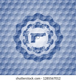 pistol icon inside blue badge with geometric pattern background.