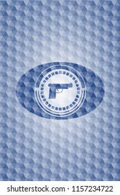 pistol icon inside blue emblem or badge with geometric pattern background.