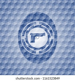 pistol icon inside blue emblem or badge with abstract geometric pattern background.