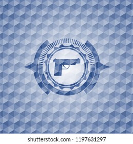 pistol icon inside blue emblem or badge with geometric pattern background.