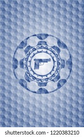 pistol icon inside blue emblem or badge with abstract geometric polygonal pattern background.