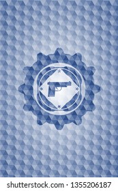 pistol icon inside blue emblem or badge with geometric pattern background.