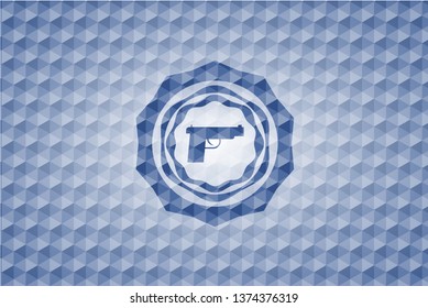 pistol icon inside blue emblem with geometric pattern.