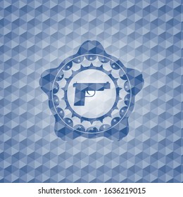 pistol icon inside blue emblem with geometric pattern background.