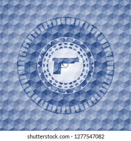 pistol icon inside blue hexagon badge.