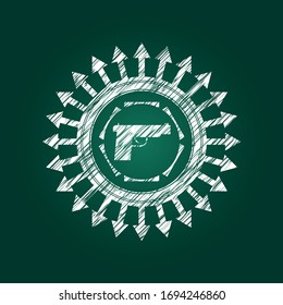 icono de pistola dentro del emblema de tiza escrito en una pizarra