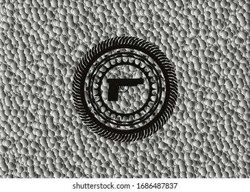 icono de pistola dentro del emblema oscuro con fondo de burbujas. Retro. Ilustración vectorial. Detallado.