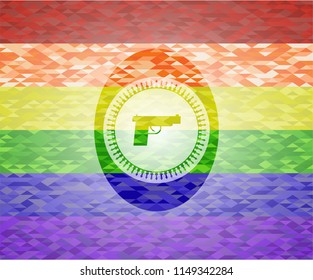 pistol icon inside emblem on mosaic background with the colors of the LGBT flag