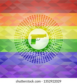 pistol icon inside emblem on mosaic background with the colors of the LGBT flag