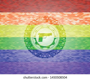 pistol icon inside emblem on mosaic background with the colors of the LGBT flag