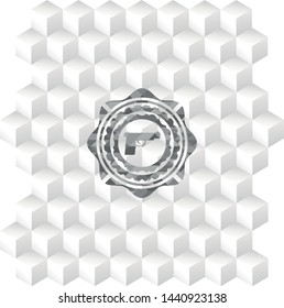 pistol icon inside grey badge with geometric cube white background