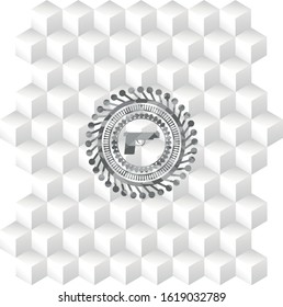 pistol icon inside grey badge with geometric cube white background