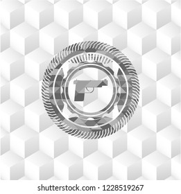 pistol icon inside grey emblem. Retro with geometric cube white background