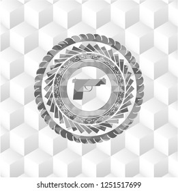 pistol icon inside grey emblem. Retro with geometric cube white background