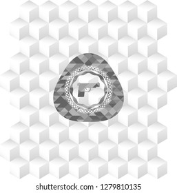 pistol icon inside grey emblem with geometric cube white background