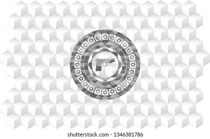 pistol icon inside grey emblem. Vintage with geometric cube white background