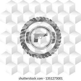 pistol icon inside grey emblem. Vintage with geometric cube white background