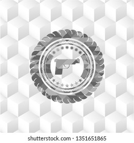 pistol icon inside grey emblem. Vintage with geometric cube white background