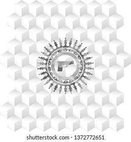 pistol icon inside grey emblem. Retro with geometric cube white background