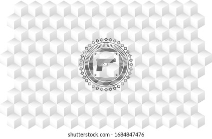 pistol icon inside grey icon or emblem with geometric cube white background