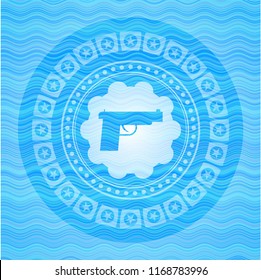 pistol icon inside light blue water emblem background.