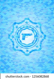 pistol icon inside light blue emblem with mosaic ecological style background